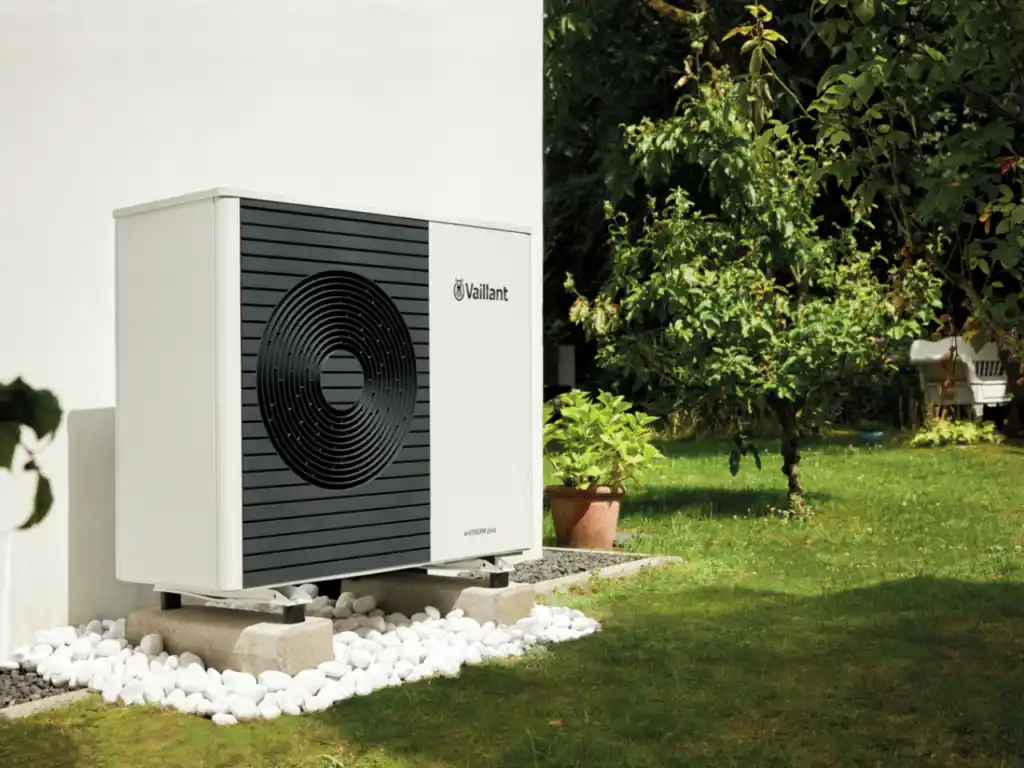 •	Vaillant air source heat pump unit installed outdoors - residential air source heat pumps